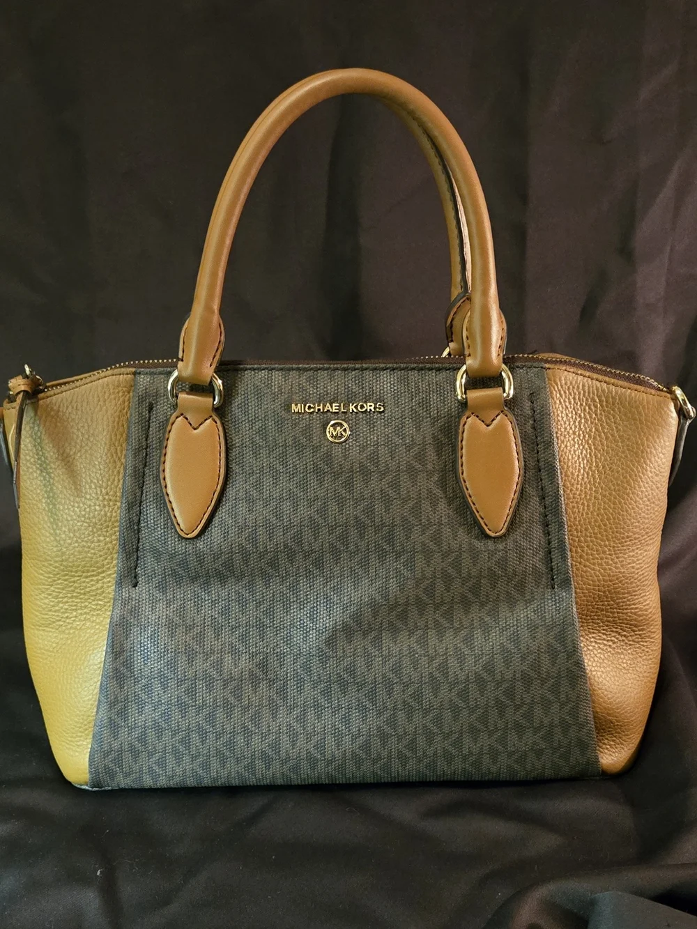 Michael Kors Tan and Black Signature Satchel with Gold Hardware